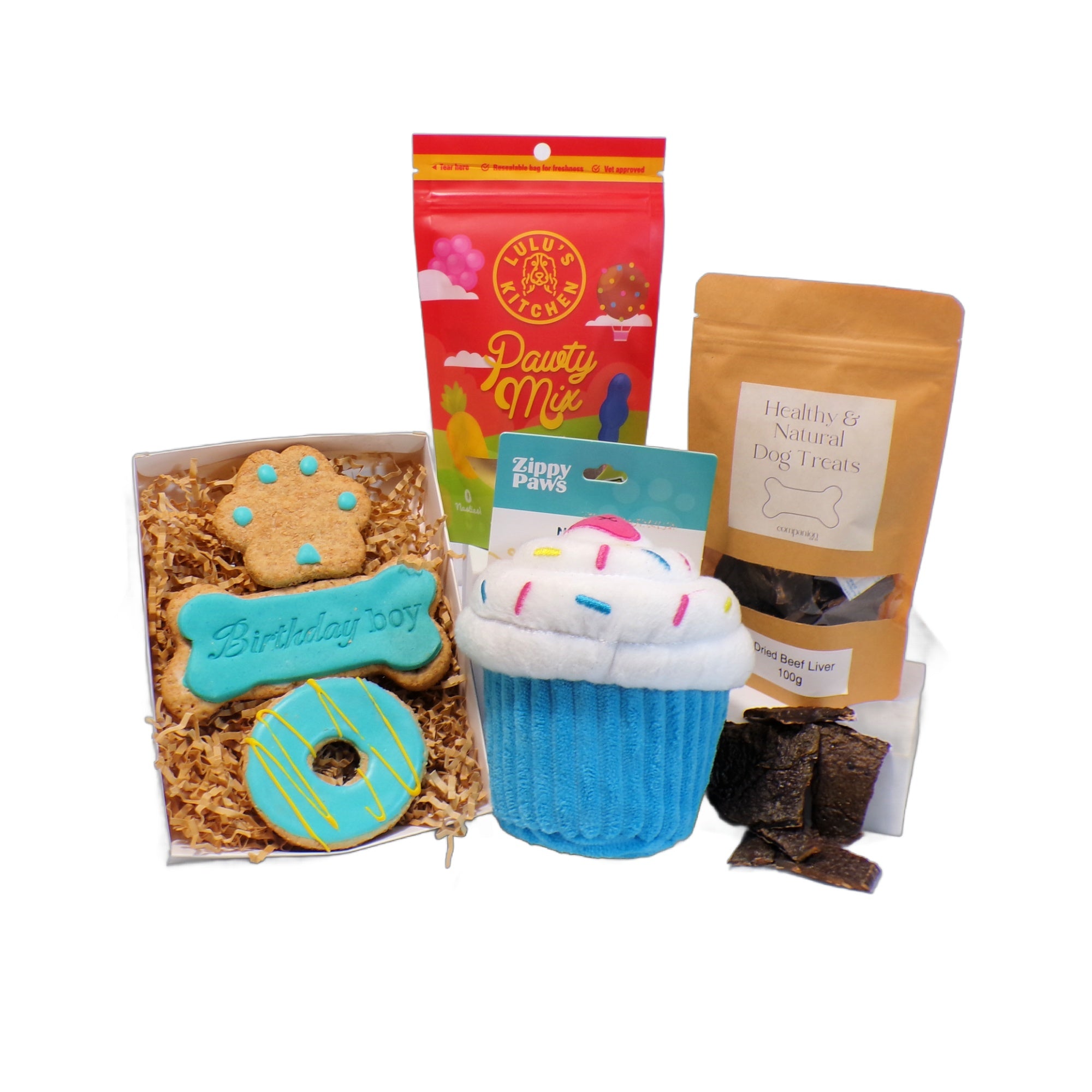 Dog gift box set with blue cupcake plush toy dog treats pawty mix and dog treats