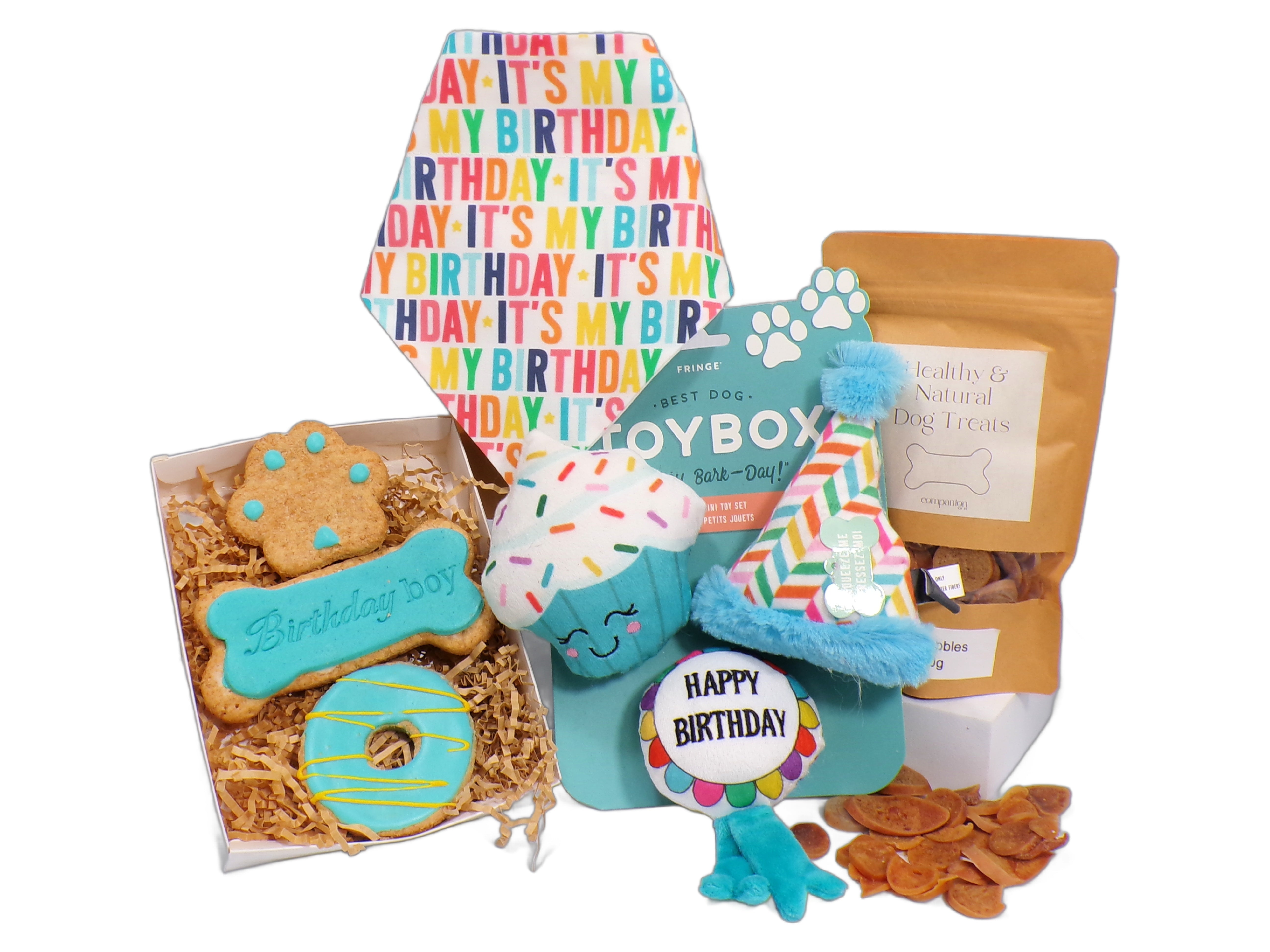 Birthday Boy Dog Gift Box with Toys and Treats
