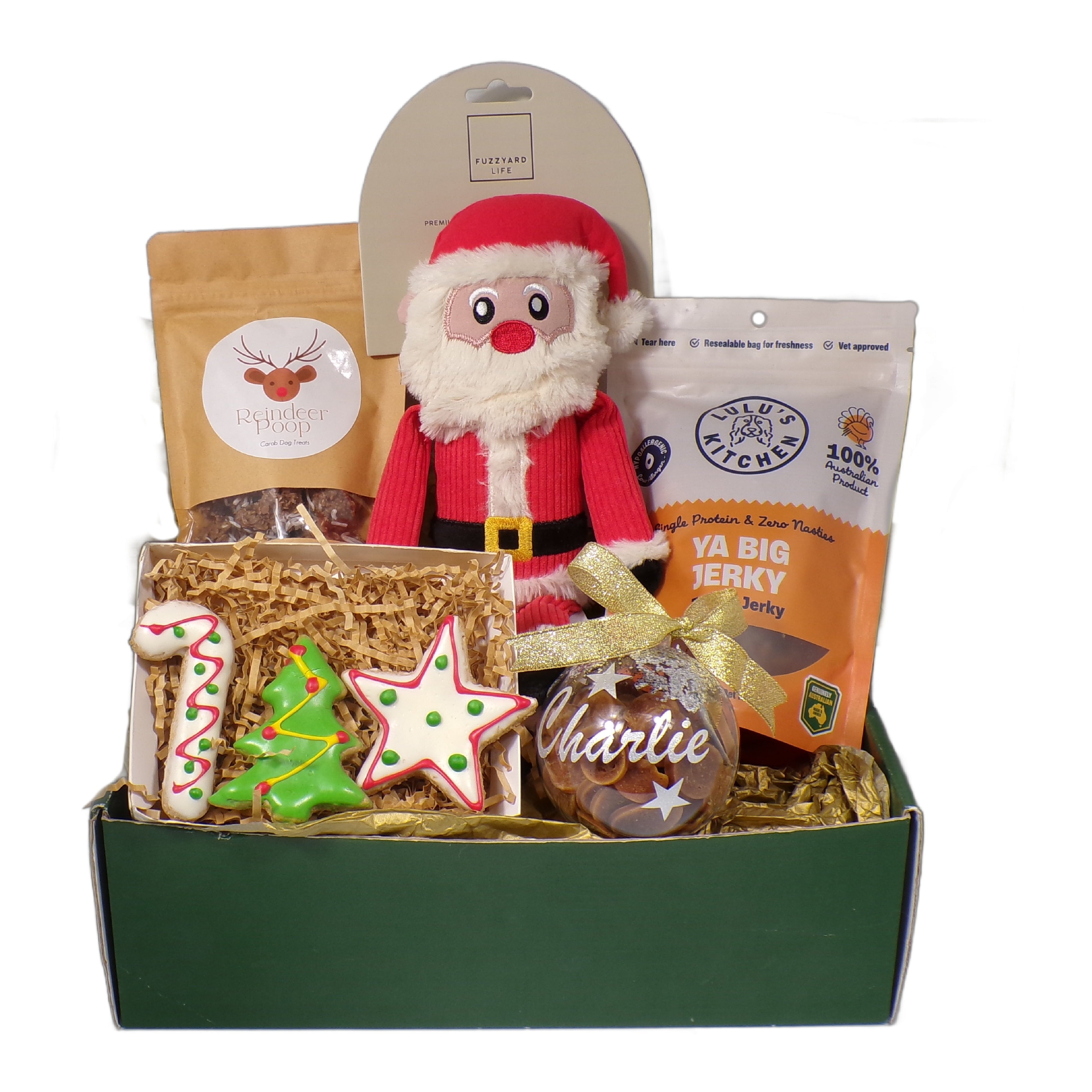 Dog gift box Christmas themed with Santa toy