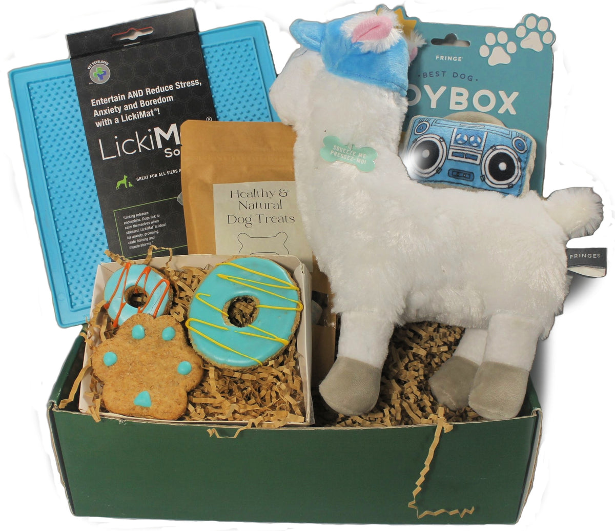 No Drama Llama gift box set for dogs with Likimat dog treats Llama plush toy by Fringe Studio and hand made dog cookies in blue.