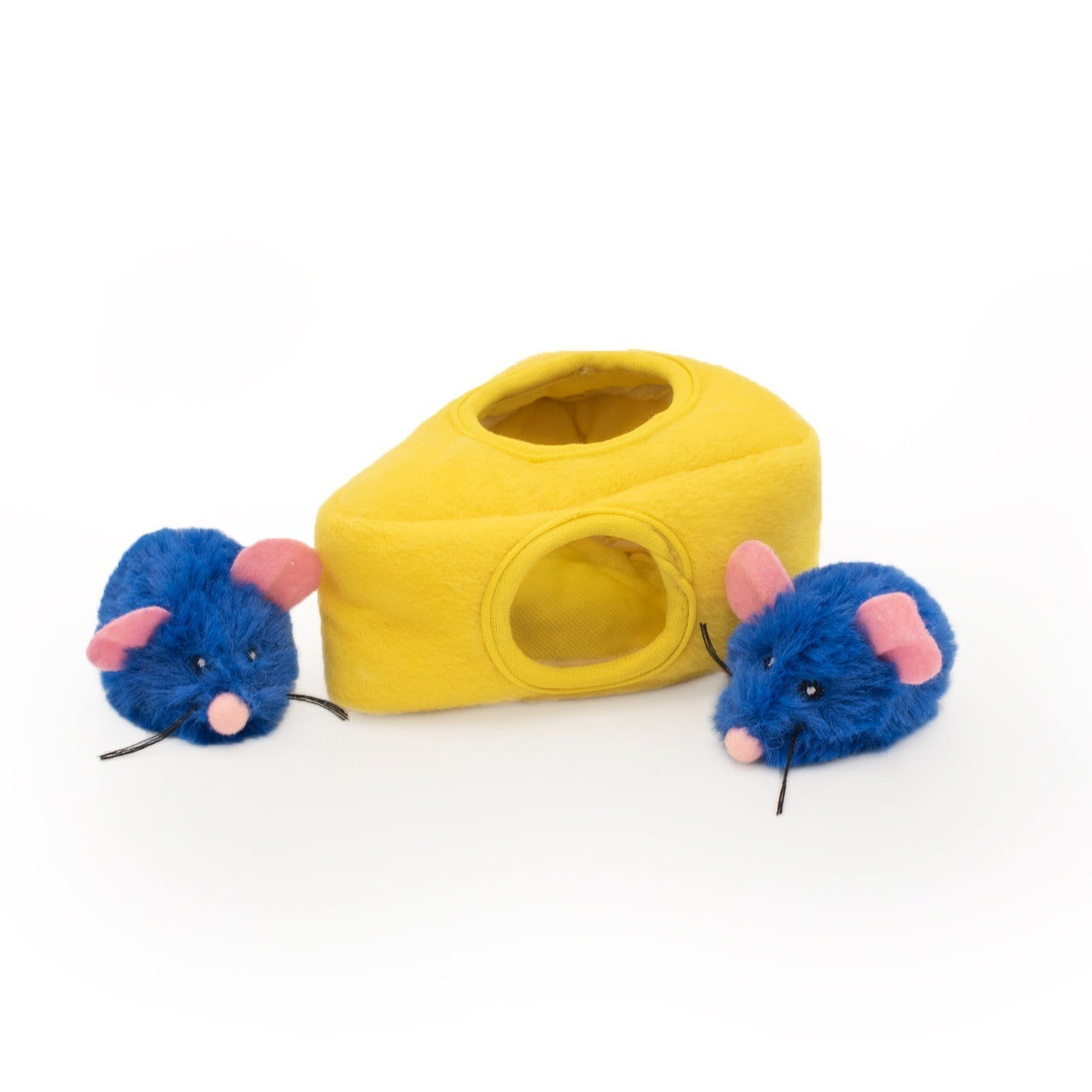 ZippyClaws Burrow for cats with cheese burrow and plush catnip mice toys.