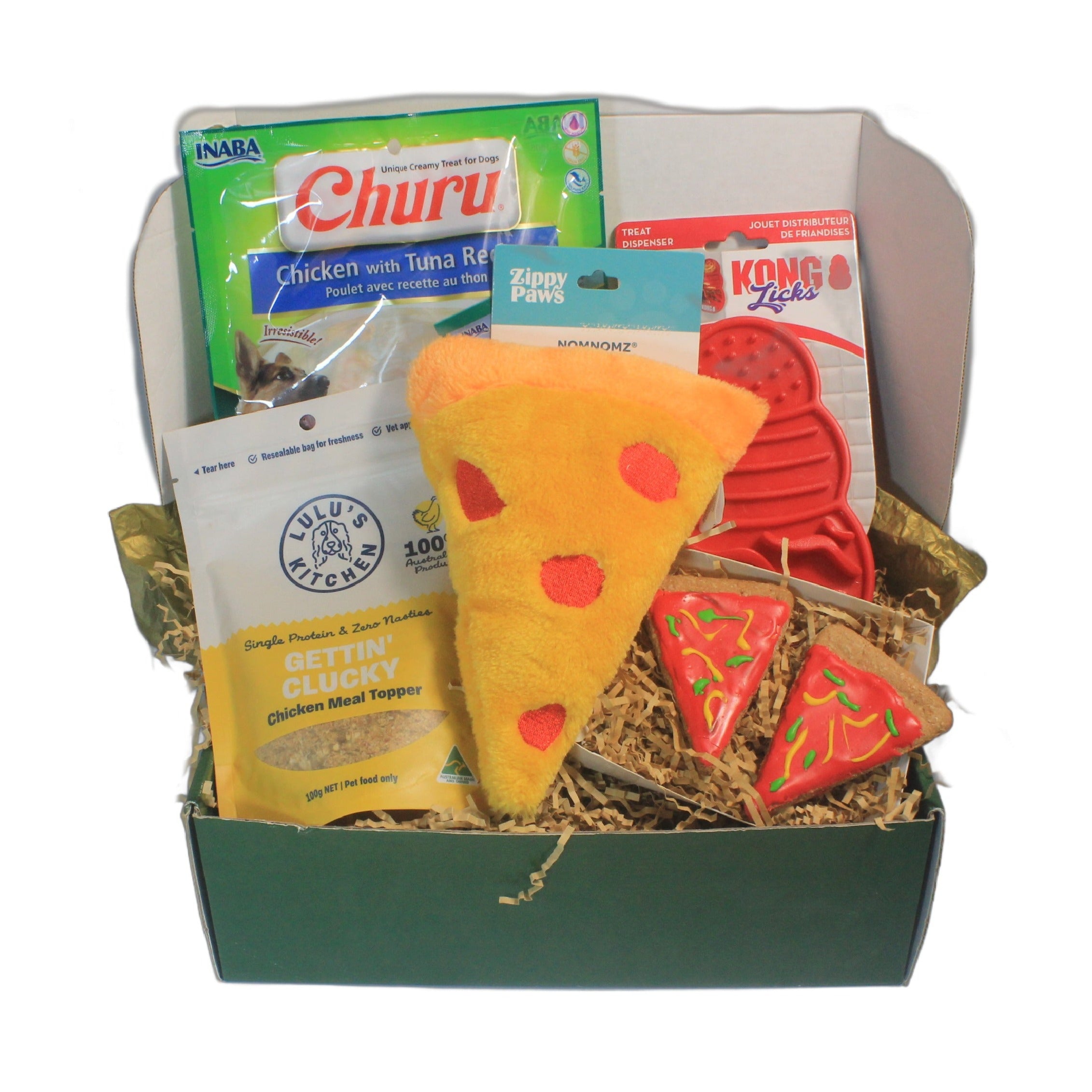 Pizza-themed gift box for dog birthdays and celebrations.