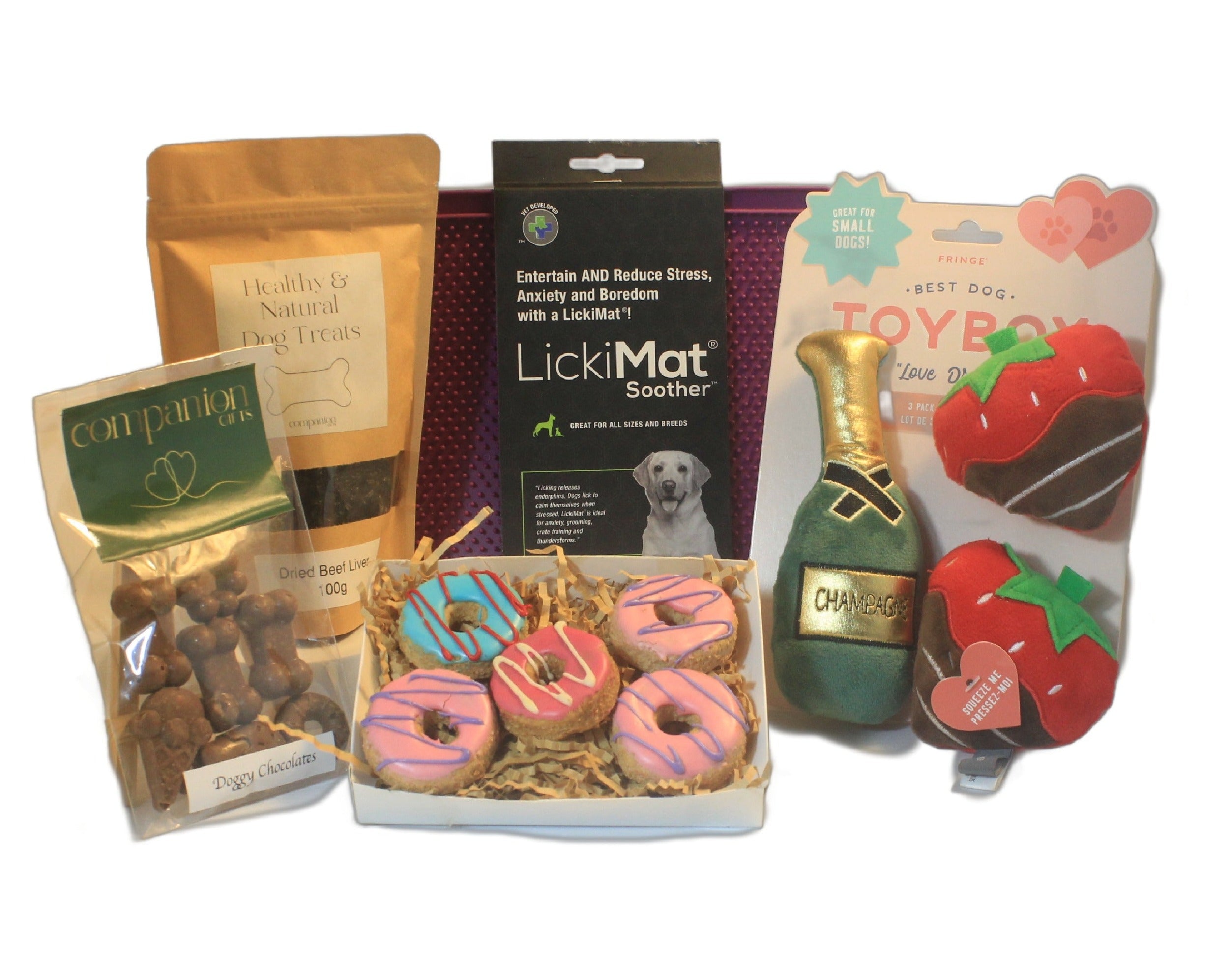 Champagne & Strawberry Dog Gift Box with toys, chocolates, and treats.