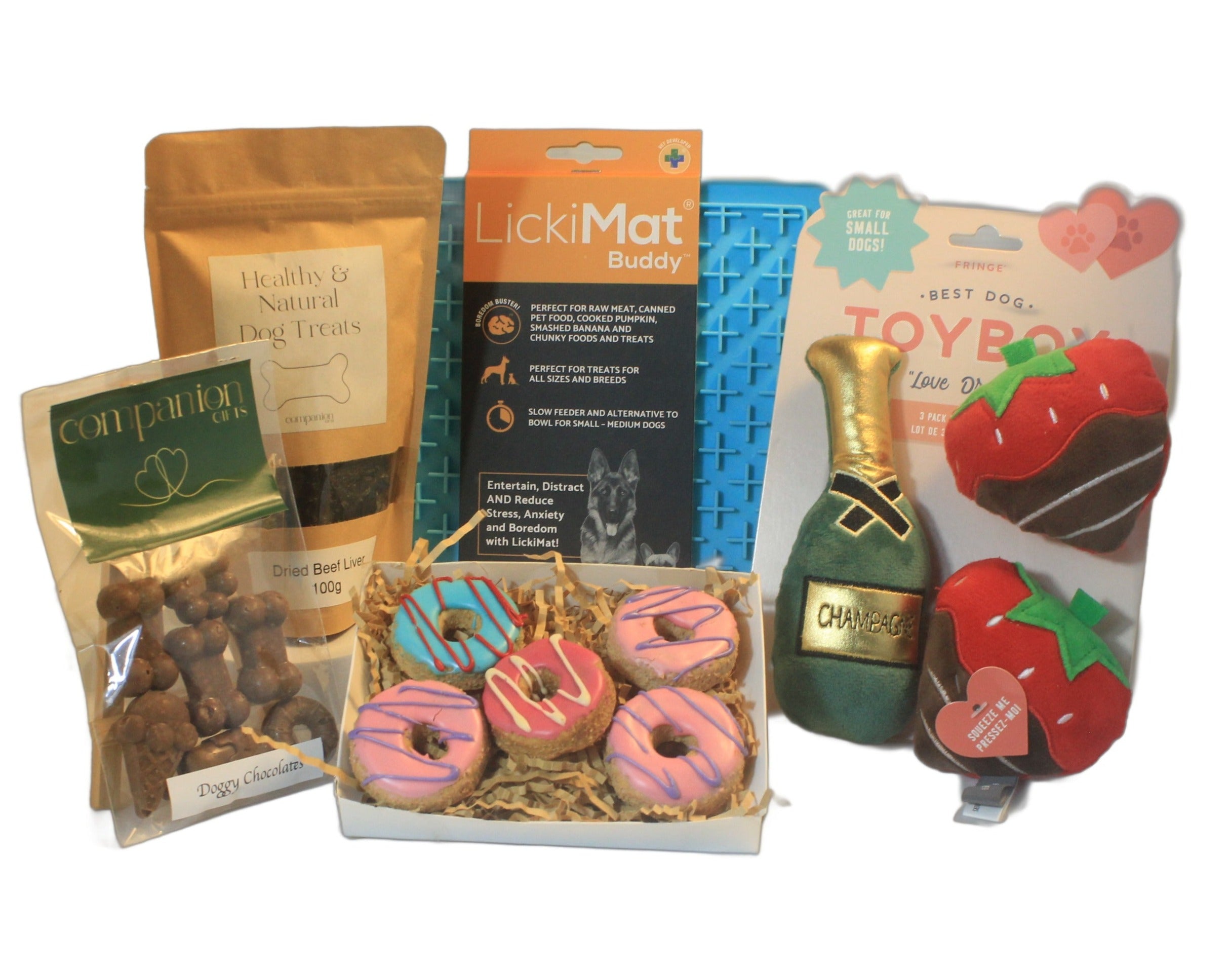 Complete Champagne & Strawberry Treats Dog Gift Box with toys and treats.