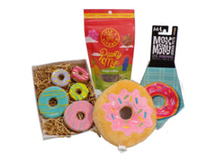 Donut Doggy Box gift with donut toy, bandana, treats, and lollies.