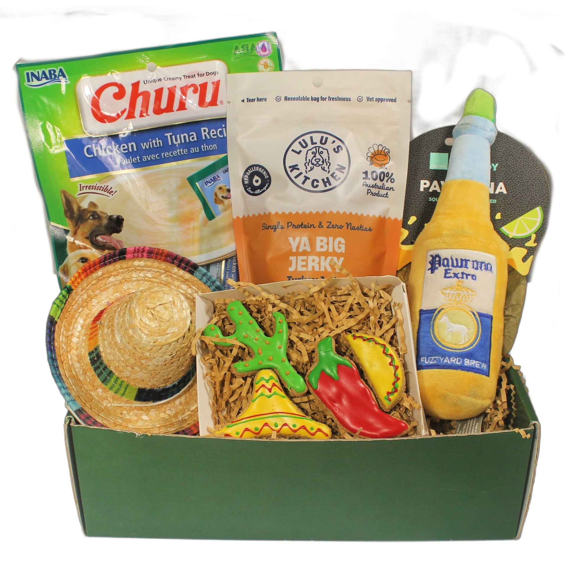 Open Fiesta Time Dog Gift Box showing all contents.