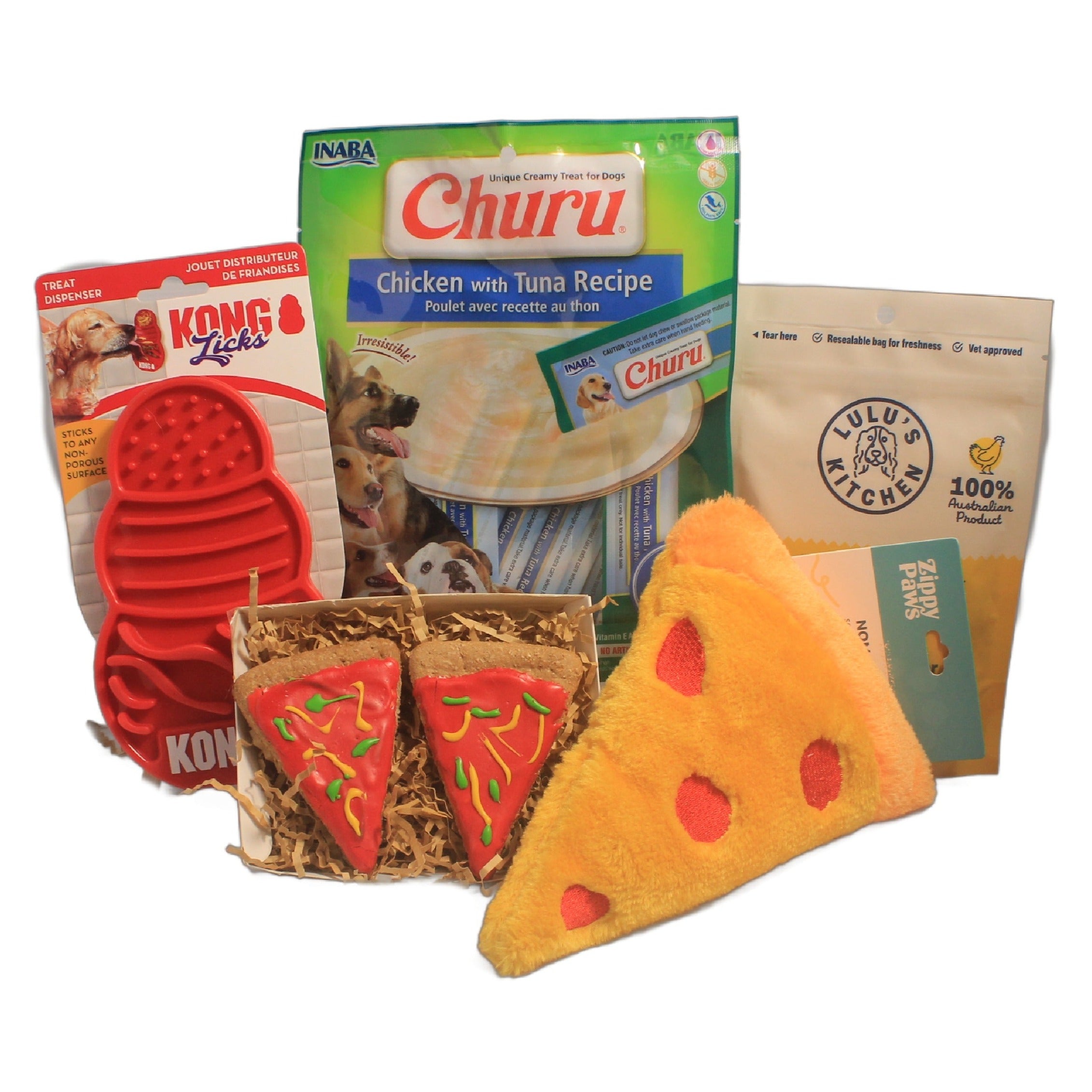 Pizza-themed dog gift box with toys and treats for playful pups.