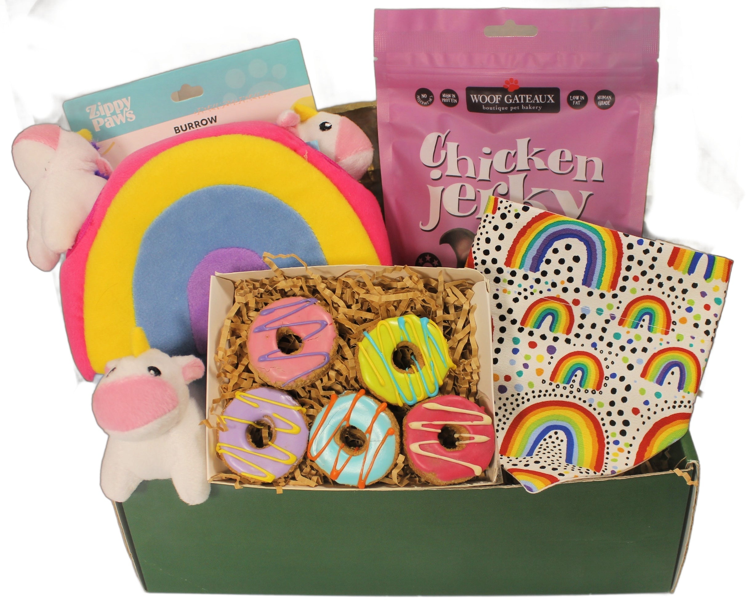 Complete Rainbows & Unicorns Dog Gift Box with colorful items for dogs.