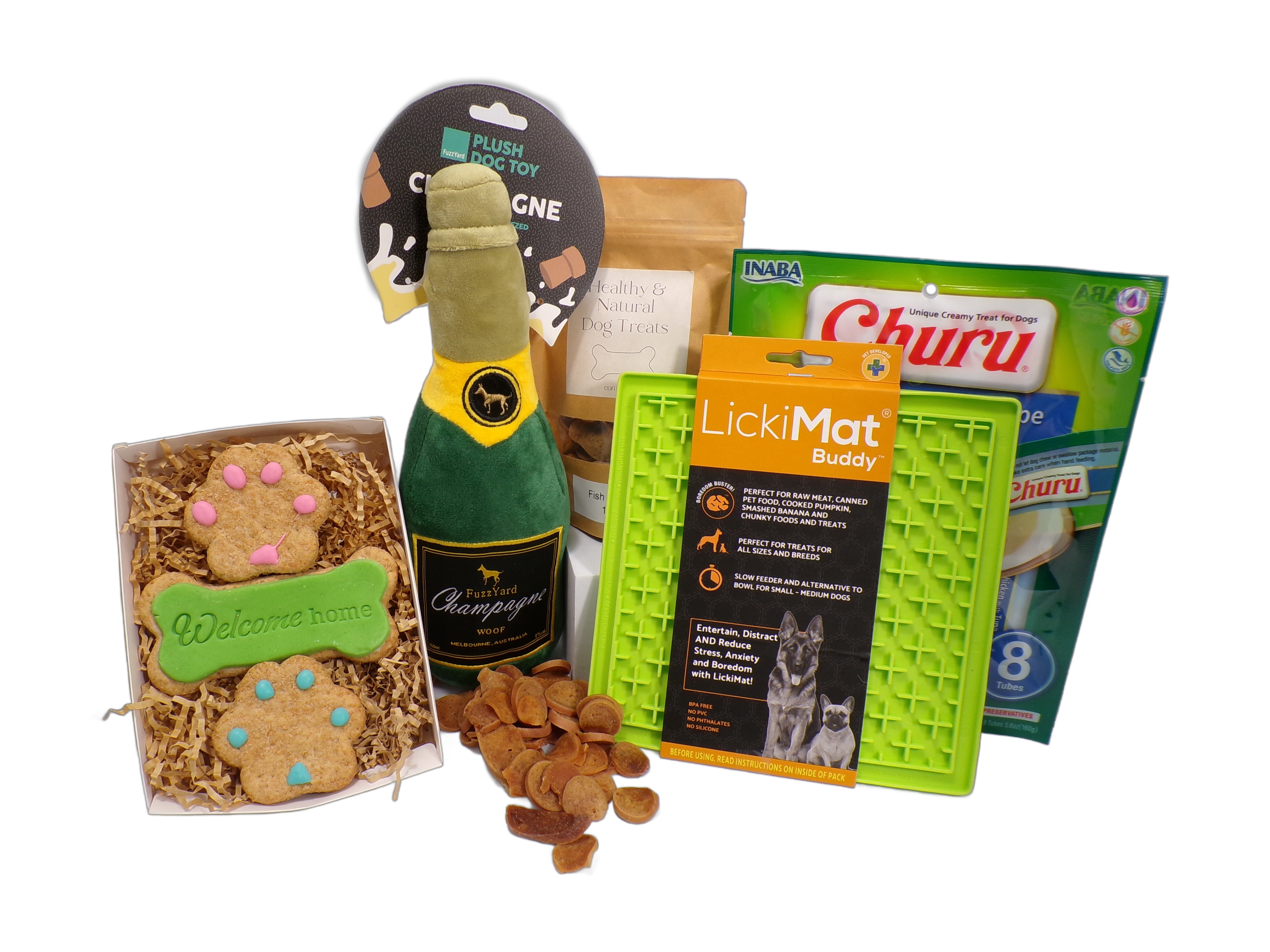 Welcome Home Celebration Snack Box with toys and treats for dogs