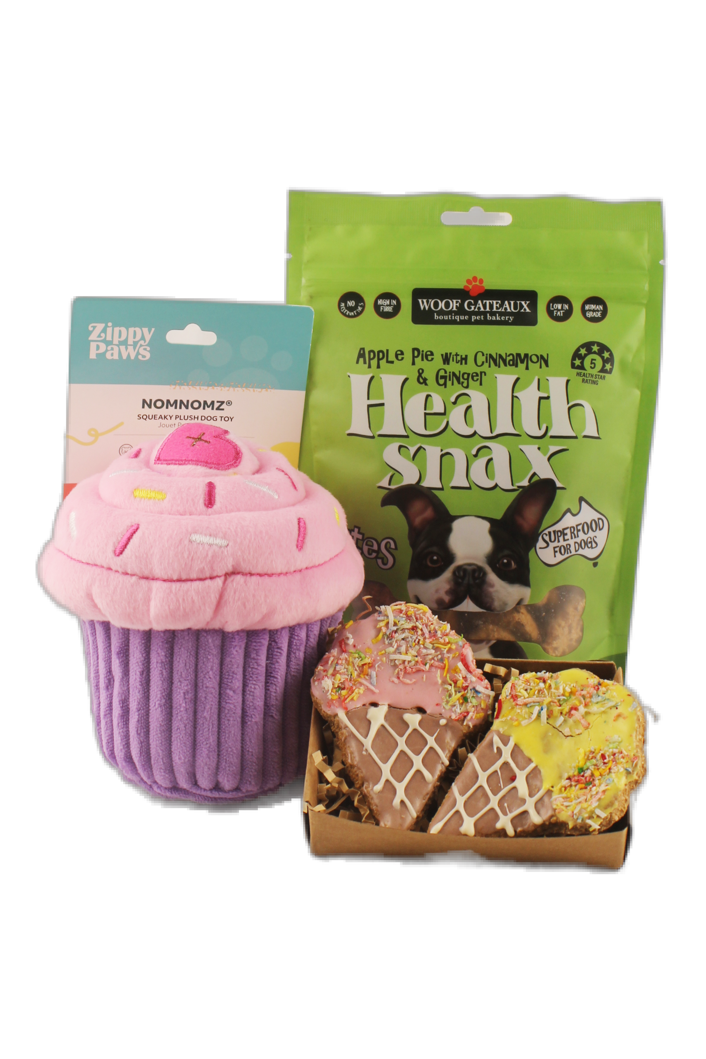 Cupcakes & Ice Creams gift box with dog toy, snacks, and biscuits.