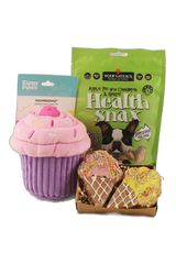 Cupcakes & Ice Creams gift box with dog toy, snacks, and biscuits.