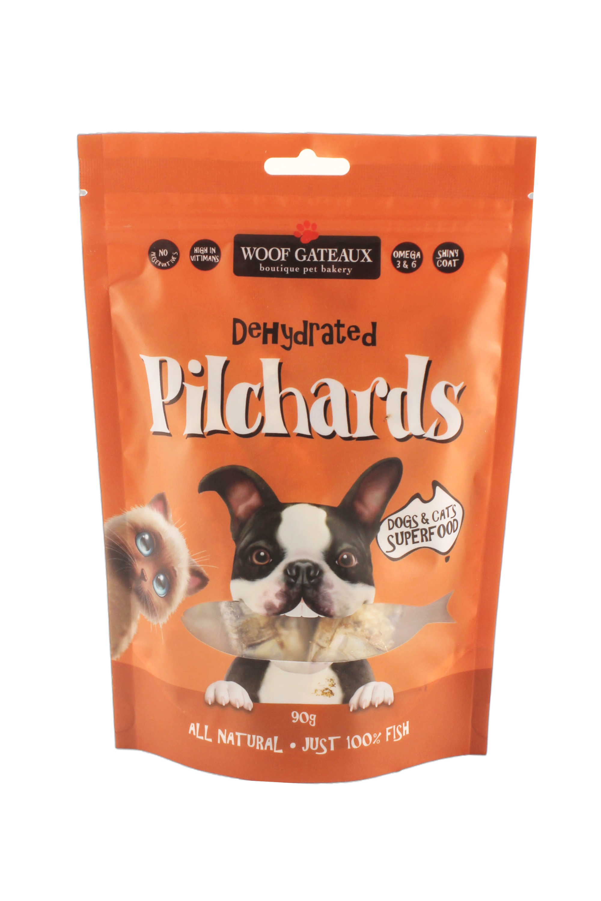 Dehydrated pilchards by Woof Gateaux for cats.