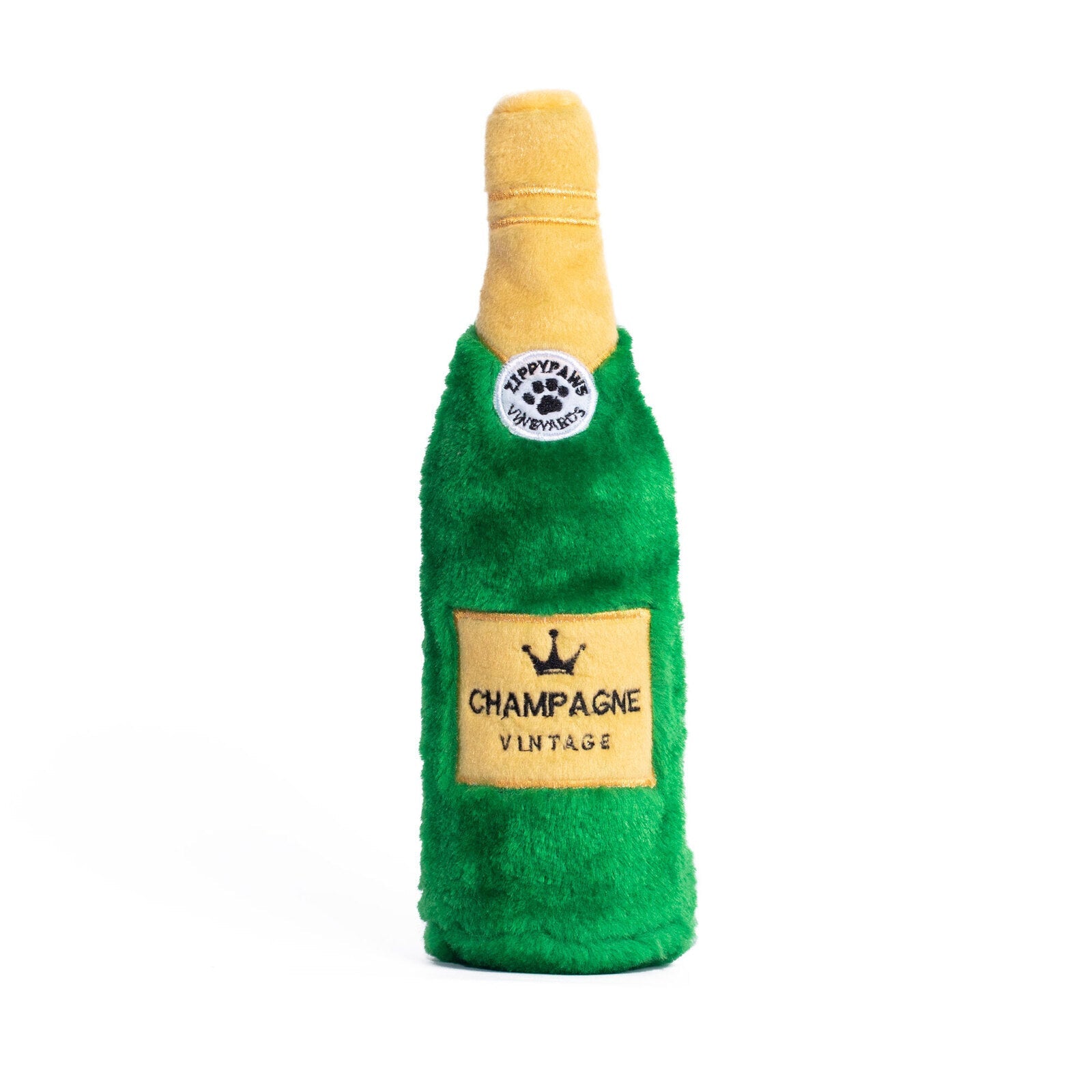 Dog-friendly champagne toy with reusable squeaky cap.