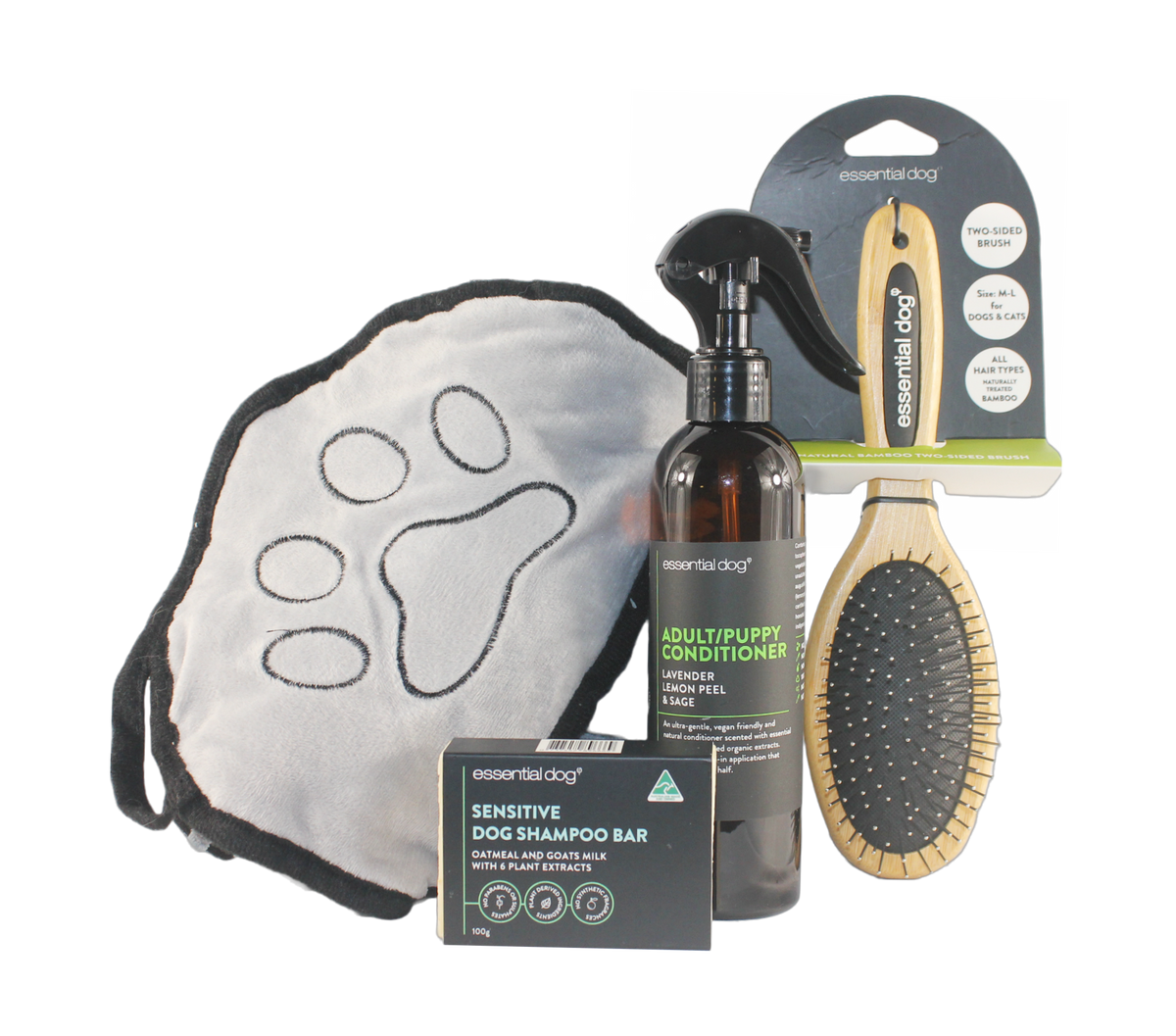 Essential Dog Grooming Gift Box with natural grooming products.