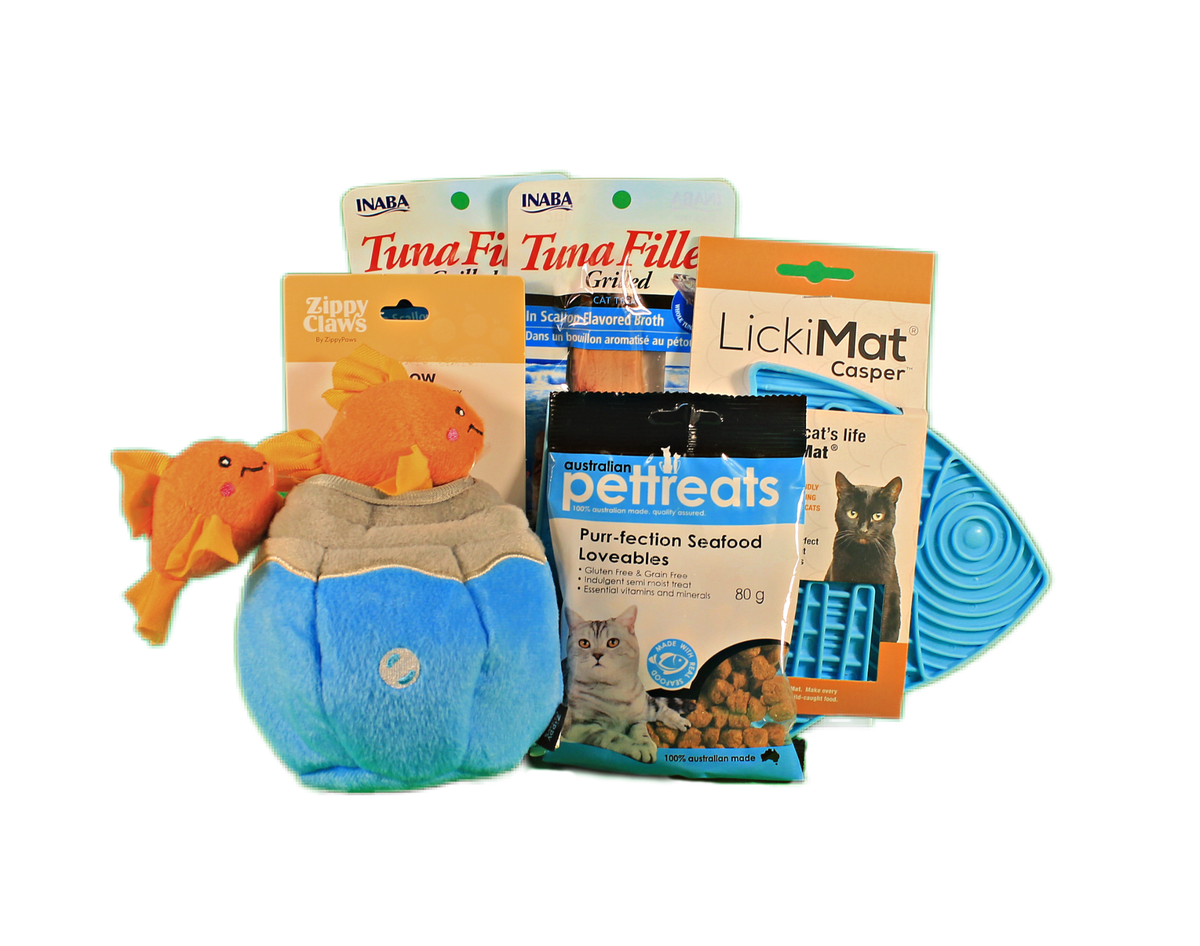 Gone Fishin' Cat Gift Box with interactive toys, treats, and a LickiMat.