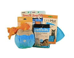 Gone Fishin' Cat Gift Box with interactive toys, treats, and a LickiMat.