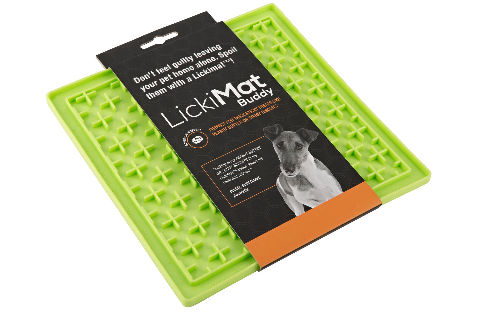 Green lick mat for slow feeding and stimulation for dogs.