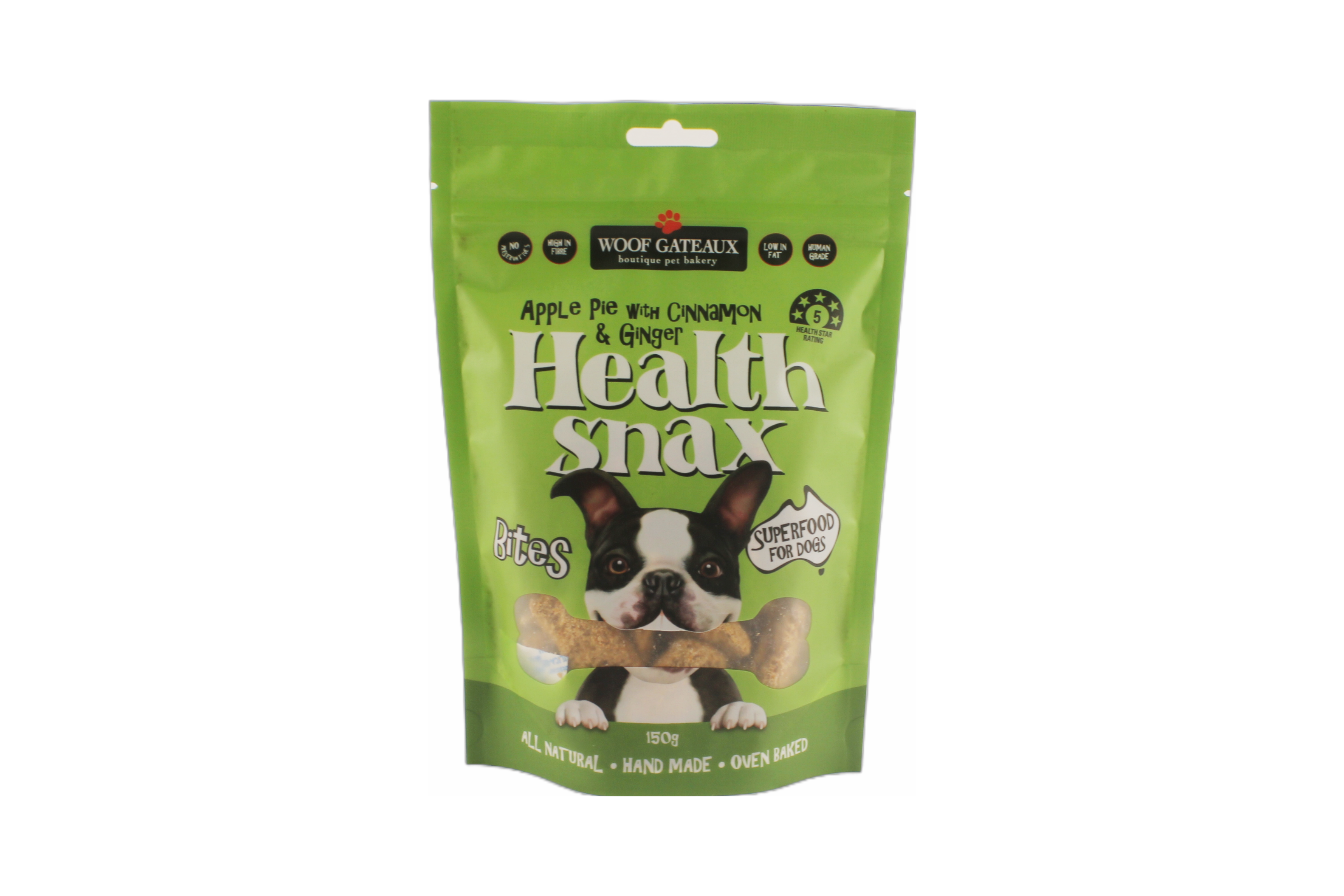 Healthy apple pie and cinnamon dog snacks in packaging.