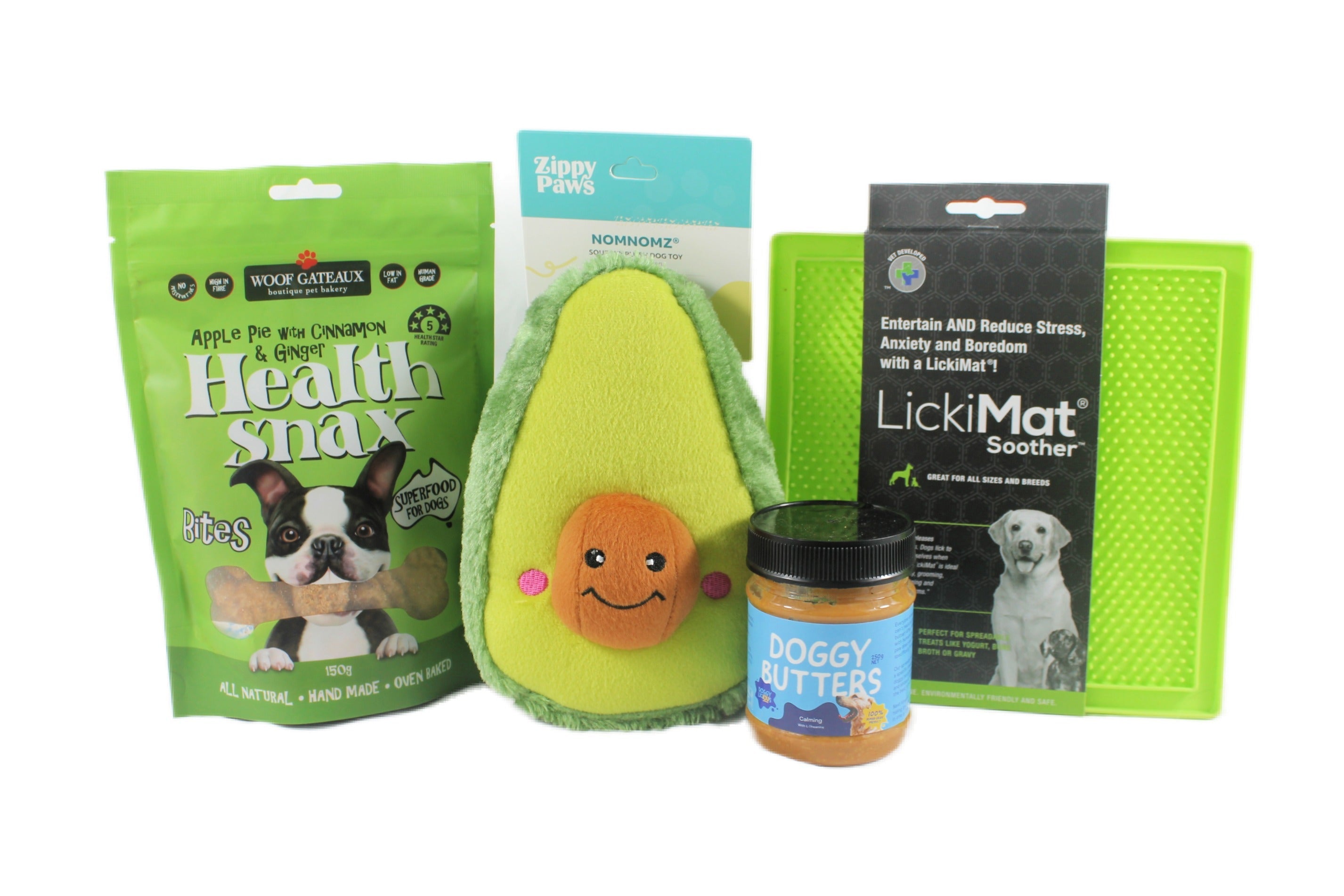 Healthy n Happy Dog Gift Box featuring avocado plush toy, treats, and lick mat.