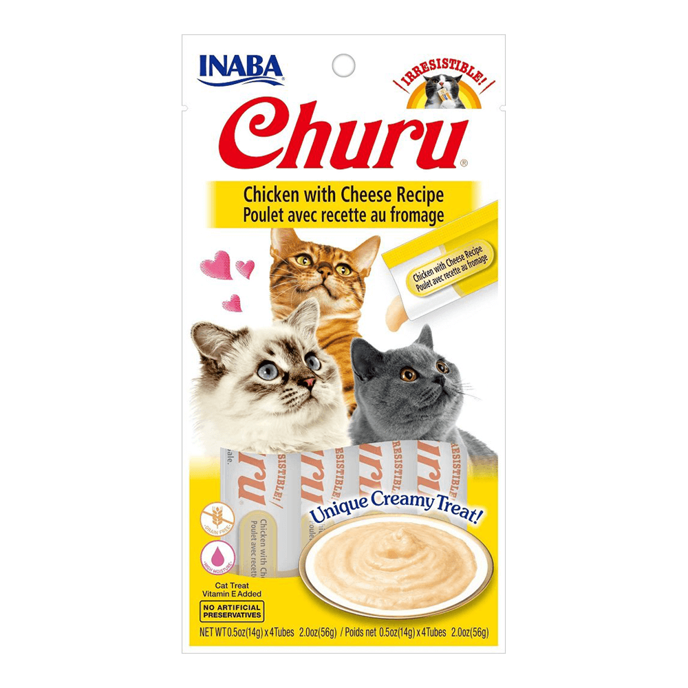 Inaba Churu Cat Treats - Grain-free, creamy lickable snack and cat food topper made with natural chicken.