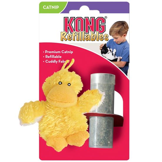 Interactive cat kong duckie toy filled with catnip for active play