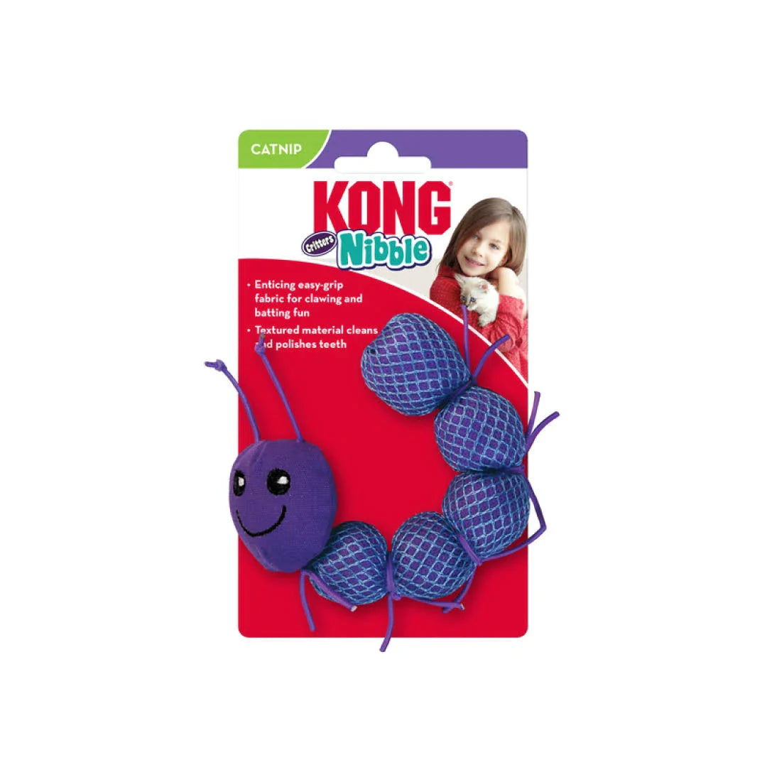 KONG Cat Nibble Caterpillar toy in purple and green.