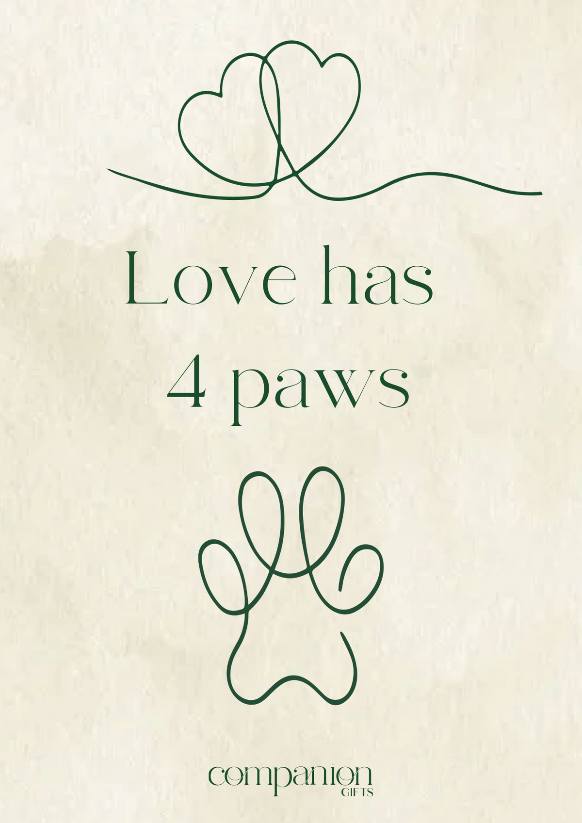 Love Has 4 Paws Card with paw print design.