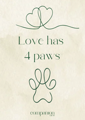 Love Has 4 Paws Card with paw print design.