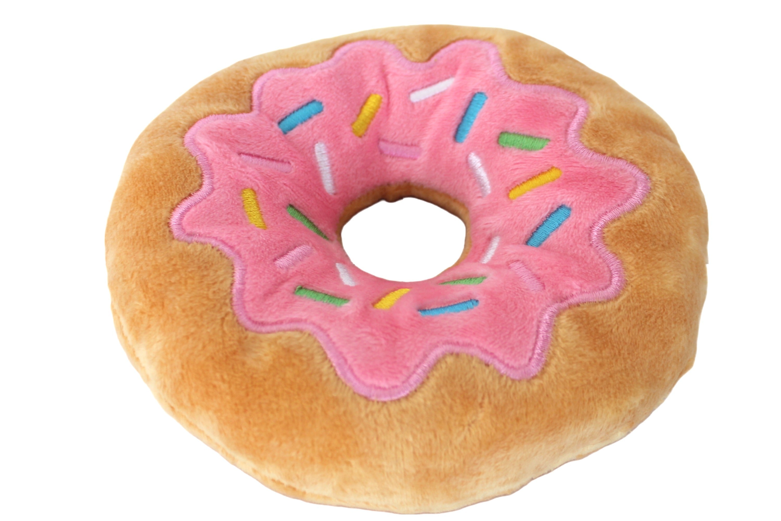 Pink donut toy for dogs - squeaky and fun, perfect for gift boxes