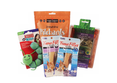 Surf & Turf Cat Gift Box with toys, treats, and a cat grass kit.