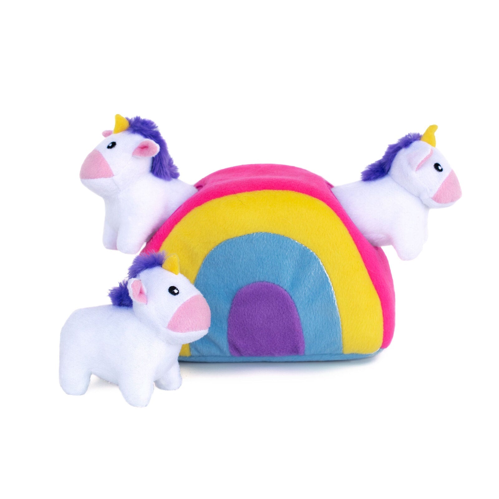 Unicorn Zippy Burrow toy with 3 squeaky unicorns for dogs.